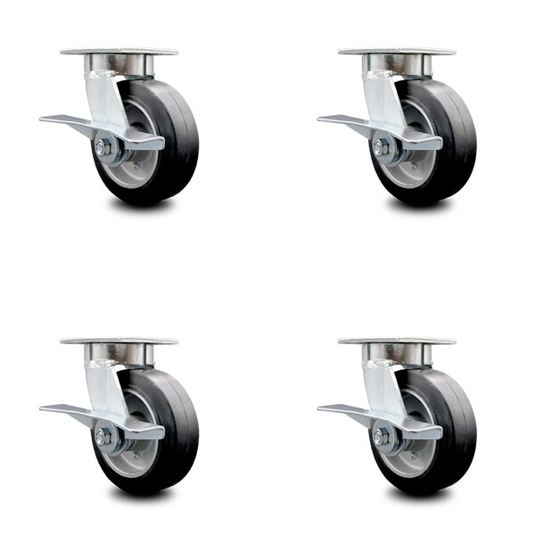 6 Inch Kingpinless Rubber on Aluminum Wheel Swivel Caster Set with Brakes SCC